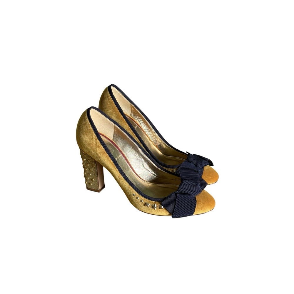 J Crew Collection Velvet Studded Pumps 6.5 Yellow Blue Bow Ribbon Heels Glitter